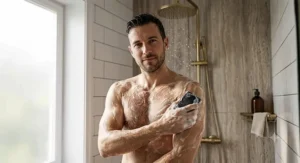 Man applying rich lather in the shower using a natural plastic free soap bar for men
