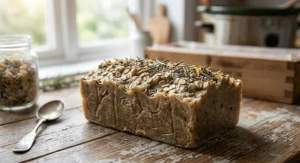 Rustic hot process soap bar featuring a textured top and natural organic botanicals
