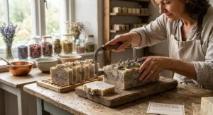 Artisan soap maker slicing a block of cold process handmade soap into individual bars in a UK workshop.