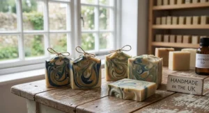 Smooth artisan cold process soap bars with intricate coloured swirls crafted in the UK