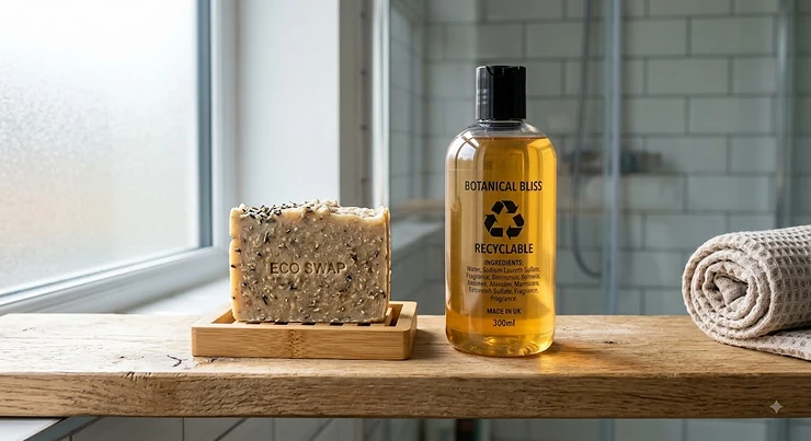 A plastic-free natural soap bar sitting beside a recyclable shower gel bottle, showing an easy eco-friendly bathroom swap.