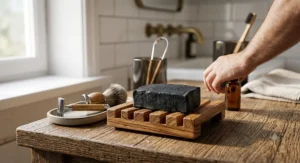 Plastic free soap bar for men as part of a sustainable morning grooming routine on a wooden bathroom counter