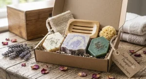 Pampering eco gift box filled with palm-oil-free organic soaps and natural bath accessories for a zero waste soap gift set.