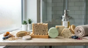 Eco-friendly British bathroom counter featured with plastic-free solid soap bars to replace single-use shower gels.