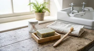 Sustainable bathroom accessories featuring a zero waste soap bar alongside a wooden toothbrush