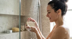 Woman lathering an all-in-one zero waste soap bar for hair and body under running shower water.