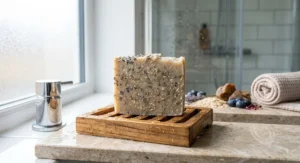 Natural soap bar resting on a wooden draining soap dish in a modern British bathroom shower.