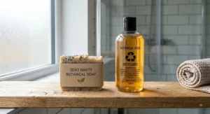 Zero-waste plastic-free bar soap packaged in recyclable card next to a single-use plastic shower gel bottle.