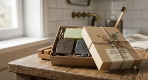 Zero-waste grooming gift box containing three natural plastic free soap bars for men