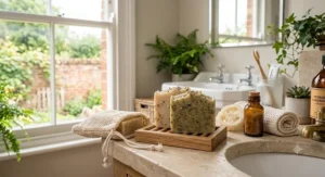 Zero-waste bathroom gift set featuring plastic free soap bars and a natural sisal soap saver bag