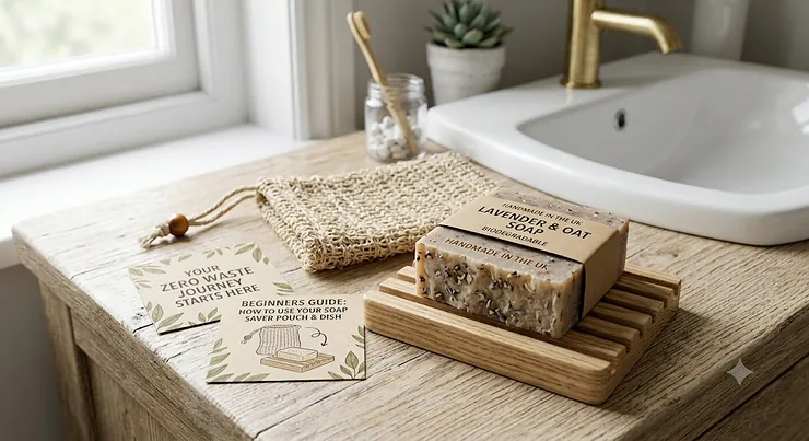 An eco-friendly zero waste soap bar starter kit featuring a natural soap bar, wooden soap dish, and sisal soap saver pouch.