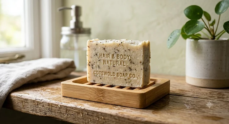 Handcrafted zero waste soap bar for hair and body displayed on a sustainable bamboo soap dish.