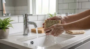 Person creating a rich lather with a gentle zero waste soap bar and warm water