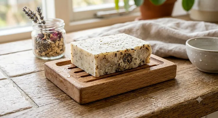 A natural zero waste soap bar made with organic plant-based ingredients on a wooden draining dish