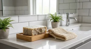 Handmade zero waste soap bar resting beside a natural sisal soap saver pouch in a modern British bathroom