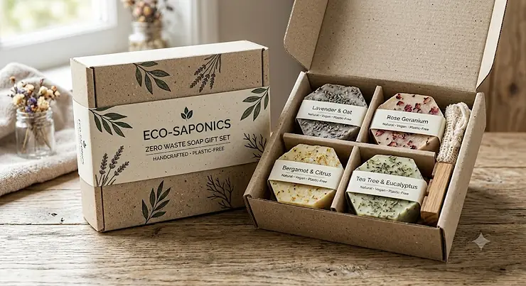 Handcrafted zero waste soap gift set featuring natural botanical soap bars in plastic-free recycled cardboard packaging.