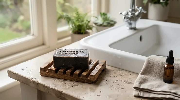 An activated charcoal soap bar resting on a wooden tray in a modern bathroom