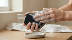 Rich lather being created from an activated charcoal soap bar in cupped hands