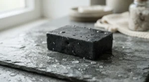 An activated charcoal soap bar drying on a slate shower tile shelf