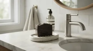 An activated charcoal soap bar beside a glass soap dispenser on a washbasin