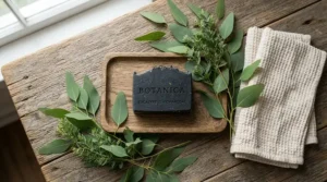 An activated charcoal soap bar displayed in a flat lay with botanical elements