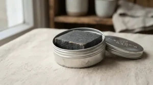 An activated charcoal soap bar packed inside a metal travel tin for journeys