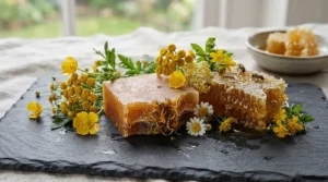 Apiary honey soap bar displayed among fresh botanical flowers and beeswax blocks
