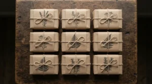 An artisanal hot process soap gift set wrapped in brown craft paper and tied with string.