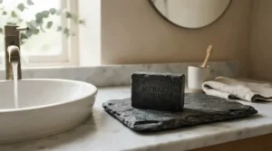 A black charcoal soap bar for acne resting on a slate soap dish by a modern bathroom basin