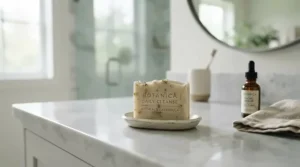 Morning skincare routine featuring a charcoal soap bar for acne on a marble countertop