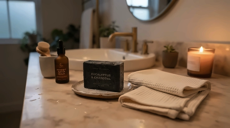 Evening skincare products including a charcoal soap bar for acne and a soft flannel