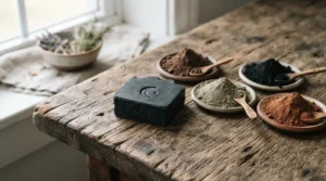 A rustic charcoal soap bar for acne displayed with natural clay and charcoal powder