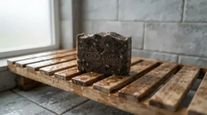 A charcoal soap bar for acne sitting on a wooden shower caddy ready for use