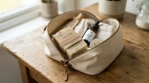 A charcoal soap bar for acne packed inside a minimalist canvas wash bag for travelling