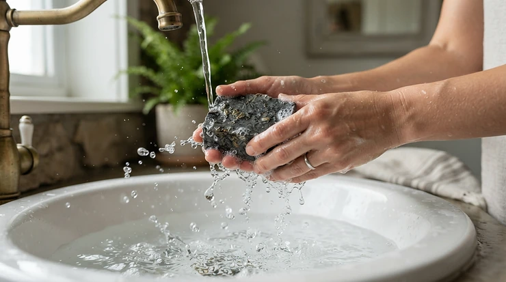 Using a charcoal soap bar for men at a bathroom washbasin