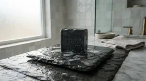 A charcoal soap bar for men resting on a slate tile in a modern bathroom