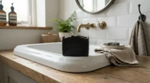 A charcoal soap bar for men beside a basin in a stylish urban apartment