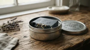 A charcoal soap bar for men secured inside an aluminium travel tin