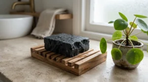 A charcoal soap bar for men drying on a slatted oak soap dish