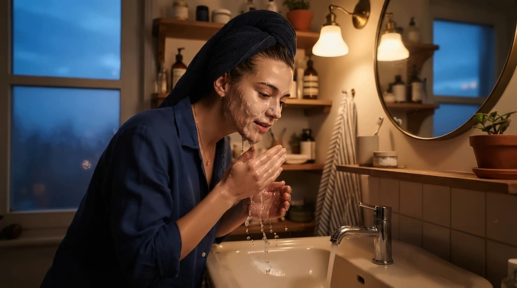 Evening skincare ritual using a charcoal soap bar for oily skin