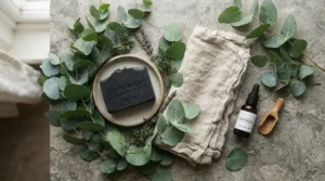 Flat lay arrangement including a charcoal soap bar for oily skin and botanical elements