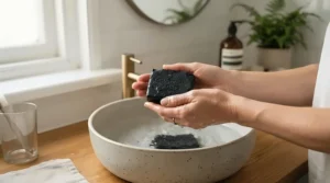 A person using a charcoal soap bar for oily skin during a morning bathroom routine