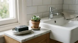 Minimalist sinkside setup featuring a charcoal soap bar for oily skin