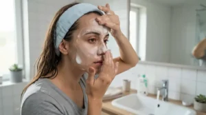 Targeting the forehead and nose with a charcoal soap bar for oily skin
