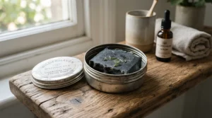 A travel tin holding a charcoal soap bar for oily skin on a wooden shelf