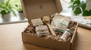 An eco-friendly hot process soap gift set presented in a zero waste cardboard container.