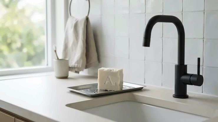 Fragrance free goat milk soap bar sitting neatly by a porcelain kitchen sink