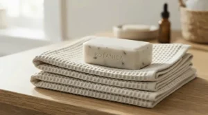 Gentle goat milk soap bar designed for sensitive skin next to folded linen towels