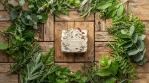Flat lay arrangement featuring gentle goat milk soap for dry skin with botanical sprigs