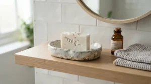 A goat milk soap bar for face care neatly placed on a ceramic dish in a bright British bathroom